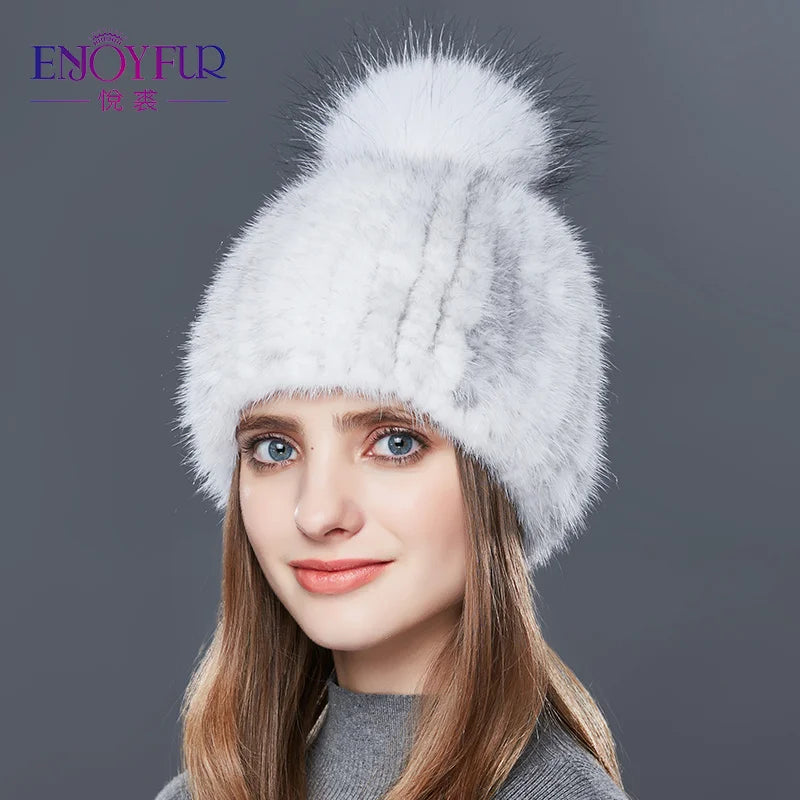 ENJOYFUR Real Mink Fur Hat Female High Quality Thick Warm Winter Hats For Women Fashion Luxury Fur Pompom Beanies