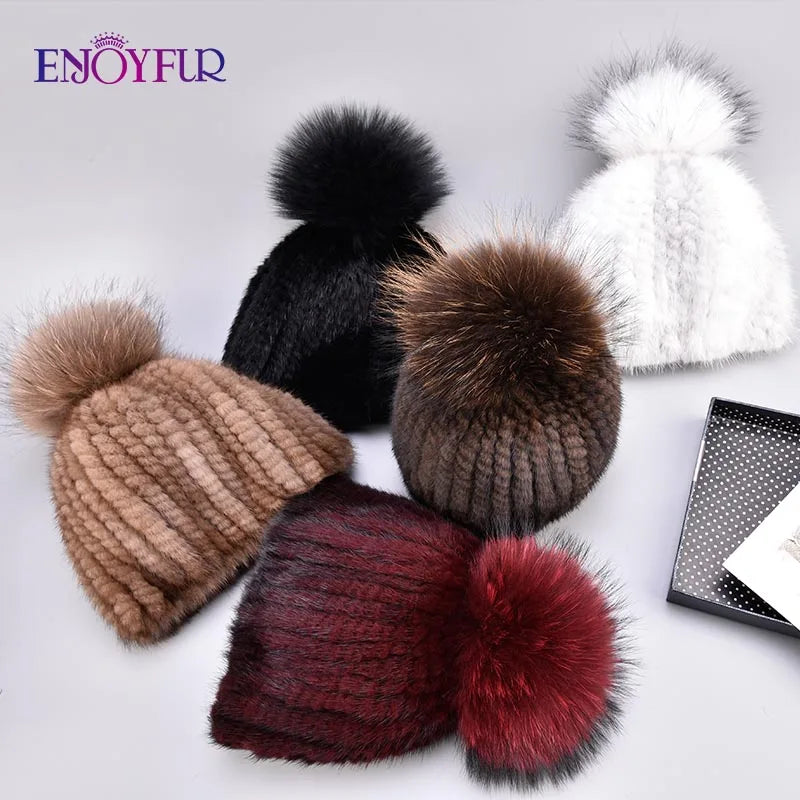 ENJOYFUR Real Mink Fur Hat Female High Quality Thick Warm Winter Hats For Women Fashion Luxury Fur Pompom Beanies