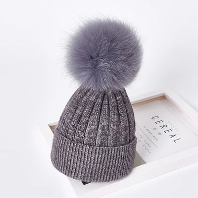 Winter women Girls real fox fur pom pom knitted beaines cap Kid baby Boy Child Rabbit fur knitting skullies hat Cashmere gorros