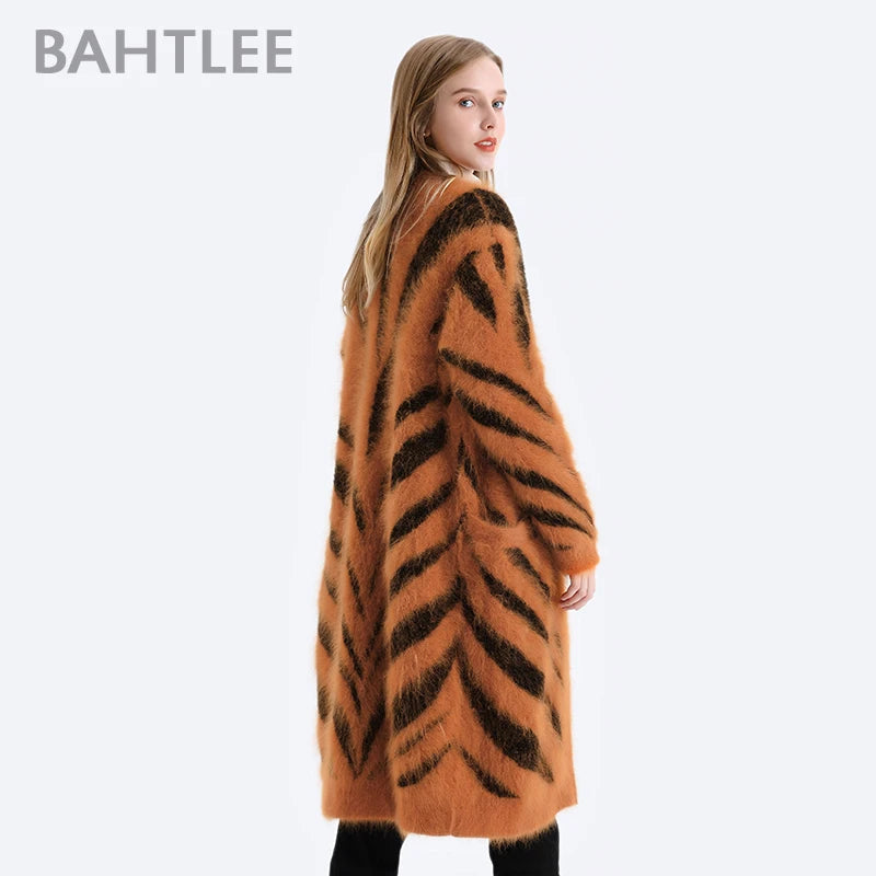 BAHTLEE-Women's Long Cardigans, Angora，Tiger Stripe, Leopard Pattern, Wool Knitted Coat, Open Stitch Jumper, Winter