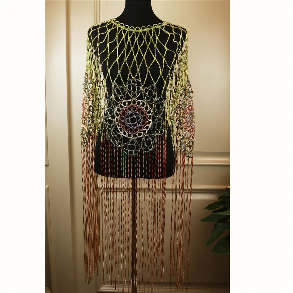 Super Luxury Colorful Hollow Crystal Body Chain Stage Costume Long Tassel Lingerie Chain Halloween Clothing Women Rave Outfits