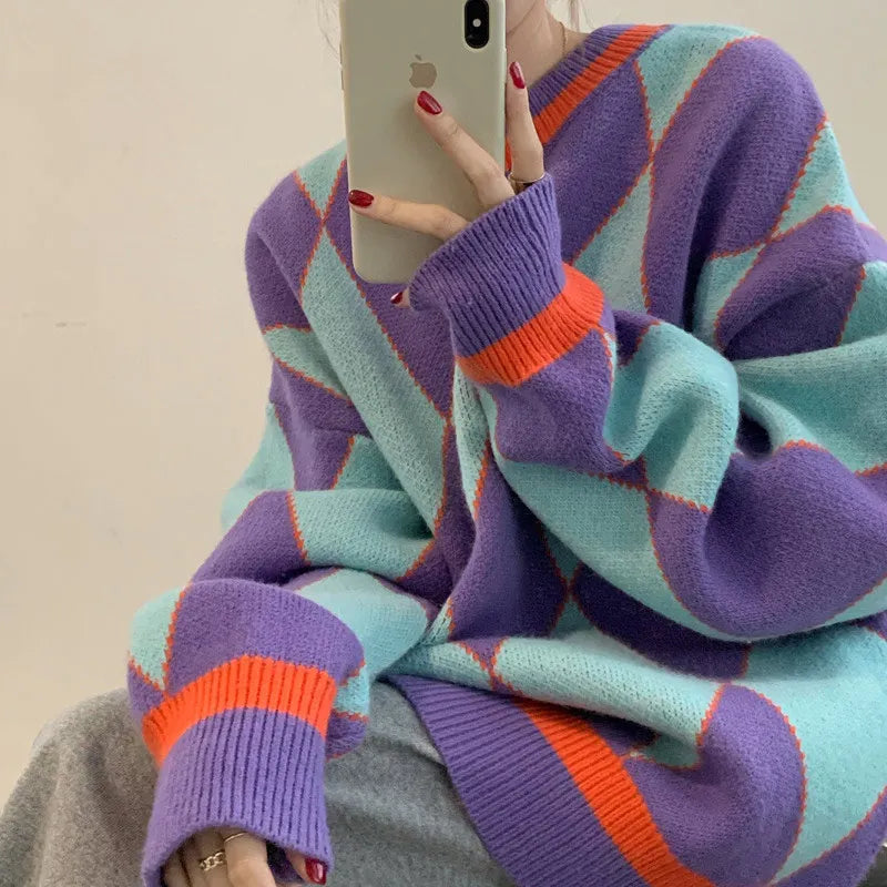 Pullovers Women Jumper Argyle Knitted Sweaters Vintage Sweaters Loose Tops College Style Streetwear Casual Winter Sueter Mujer