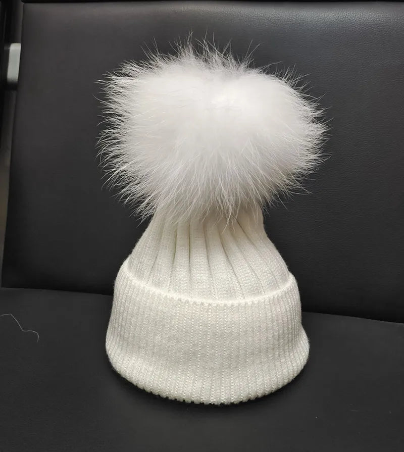 Winter women Girls real fox fur pom pom knitted beaines cap Kid baby Boy Child Rabbit fur knitting skullies hat Cashmere gorros