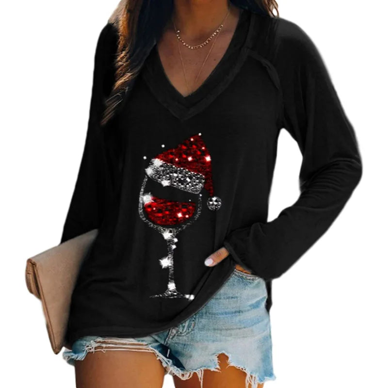 2020 Christmas Party Club T-shirt Fashion Womens Casual Loose V-Neck Red Wine Glass Print Long-Sleeve Female Pullovers Tees Tops