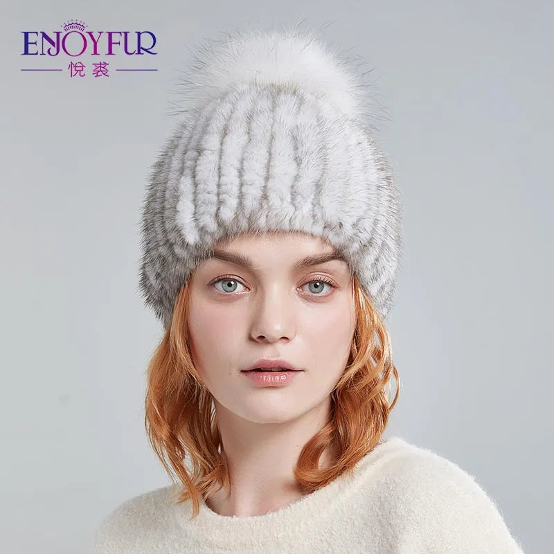 ENJOYFUR Real Mink Fur Hat Female High Quality Thick Warm Winter Hats For Women Fashion Luxury Fur Pompom Beanies
