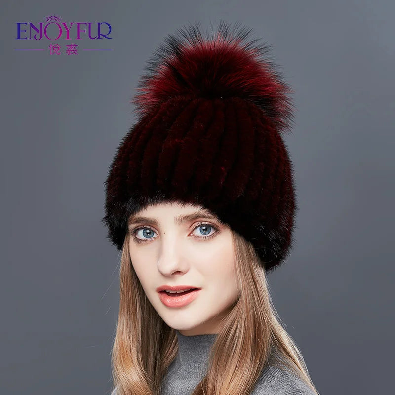 ENJOYFUR Real Mink Fur Hat Female High Quality Thick Warm Winter Hats For Women Fashion Luxury Fur Pompom Beanies