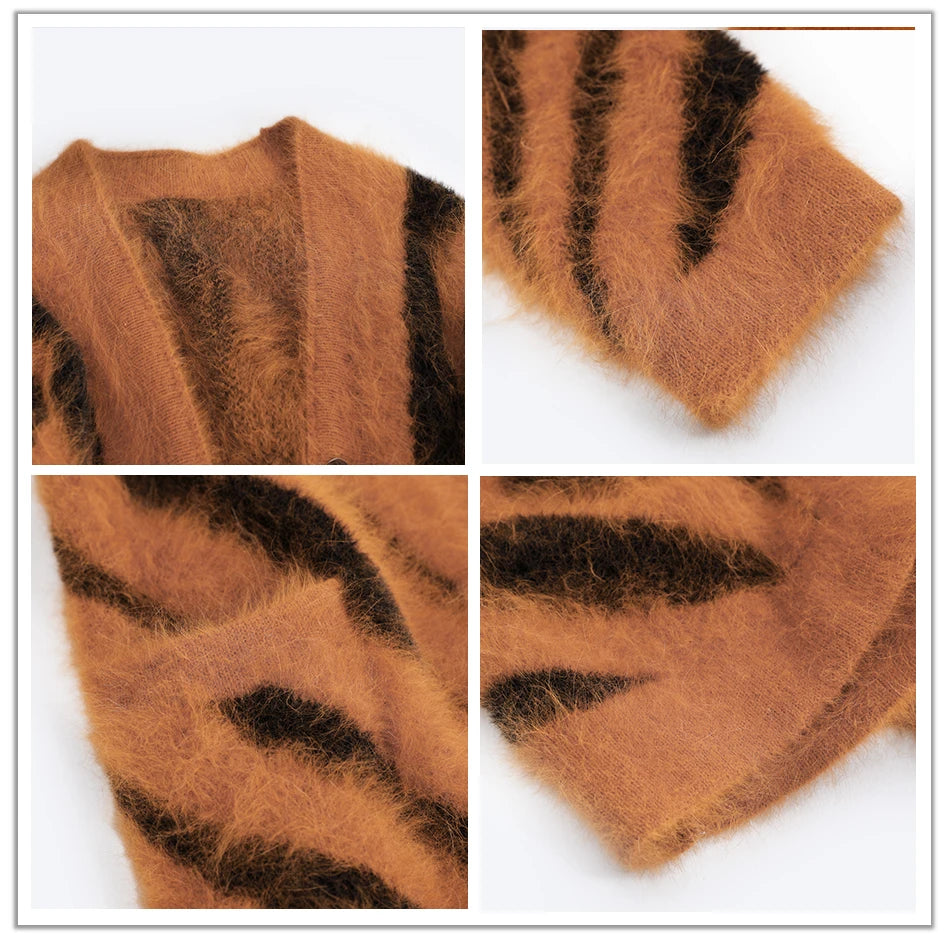 BAHTLEE-Women's Long Cardigans, Angora，Tiger Stripe, Leopard Pattern, Wool Knitted Coat, Open Stitch Jumper, Winter