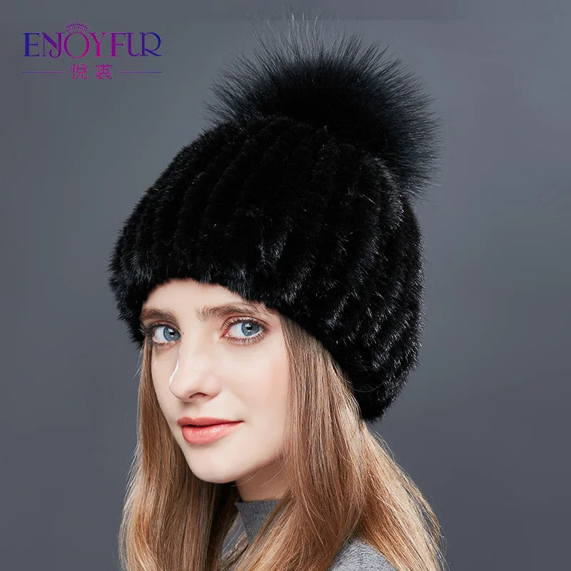 ENJOYFUR Real Mink Fur Hat Female High Quality Thick Warm Winter Hats For Women Fashion Luxury Fur Pompom Beanies