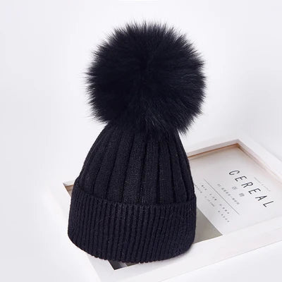 Winter women Girls real fox fur pom pom knitted beaines cap Kid baby Boy Child Rabbit fur knitting skullies hat Cashmere gorros