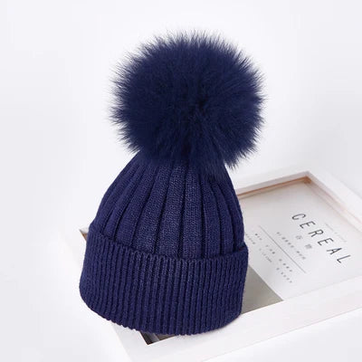 Winter women Girls real fox fur pom pom knitted beaines cap Kid baby Boy Child Rabbit fur knitting skullies hat Cashmere gorros