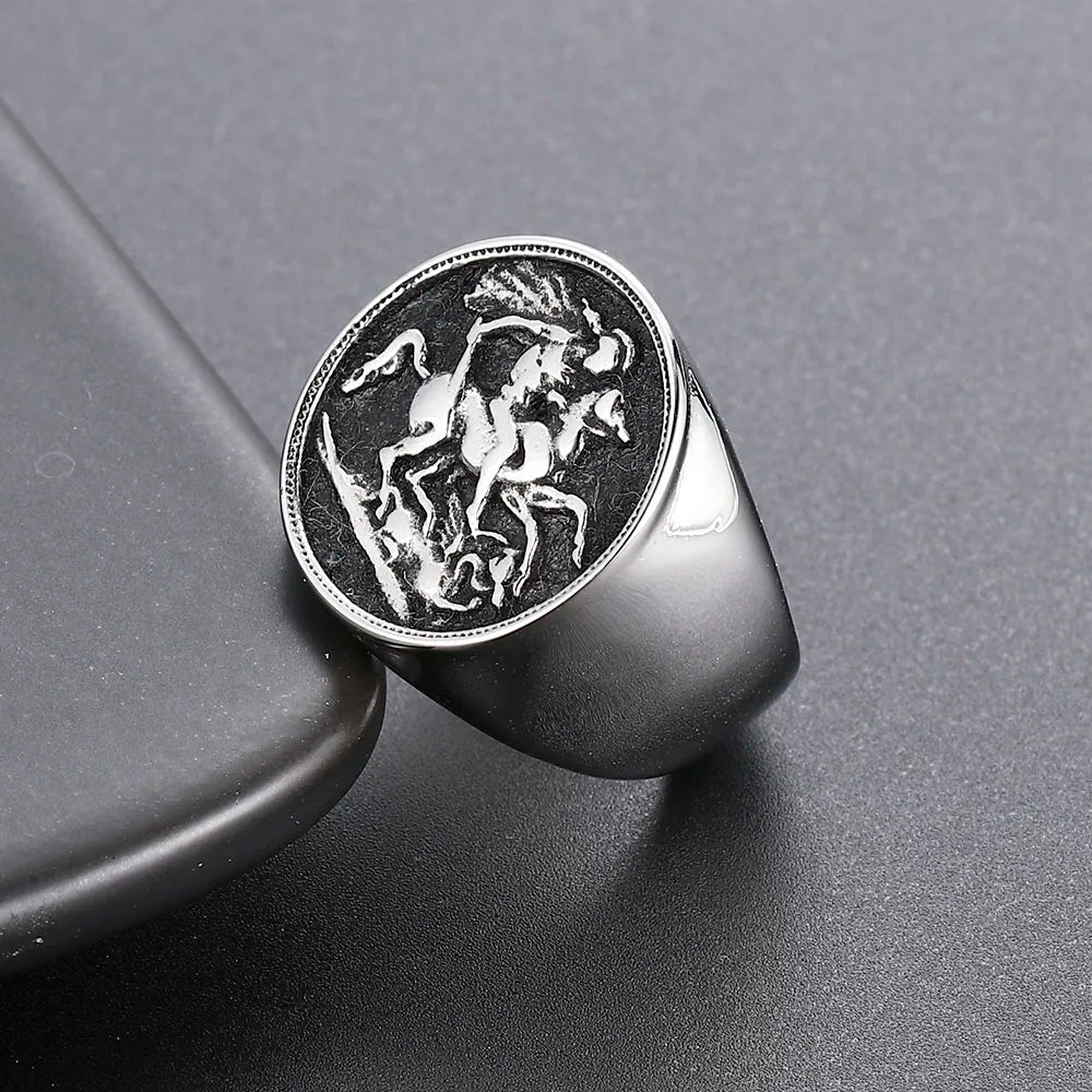 Valily Cool Men's Horse Ring Stainless Steel Ring Gold Color Rome Soldier Rings Fashion Animal Jewelry for men Bague Homme