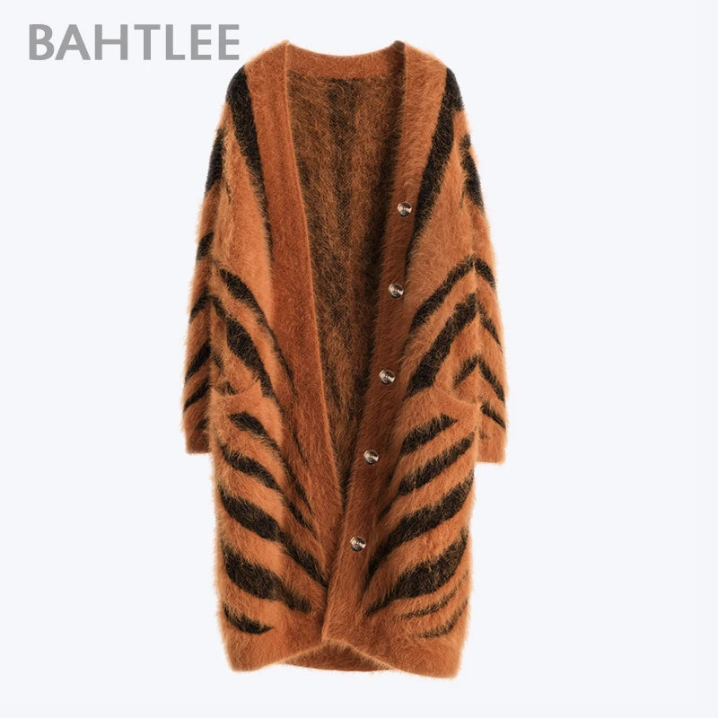 BAHTLEE-Women's Long Cardigans, Angora，Tiger Stripe, Leopard Pattern, Wool Knitted Coat, Open Stitch Jumper, Winter