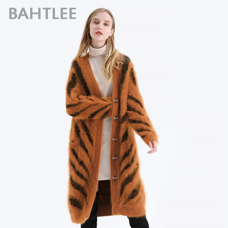 BAHTLEE-Women's Long Cardigans, Angora，Tiger Stripe, Leopard Pattern, Wool Knitted Coat, Open Stitch Jumper, Winter