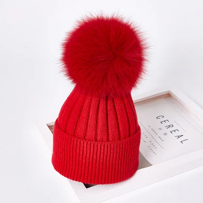 Winter women Girls real fox fur pom pom knitted beaines cap Kid baby Boy Child Rabbit fur knitting skullies hat Cashmere gorros