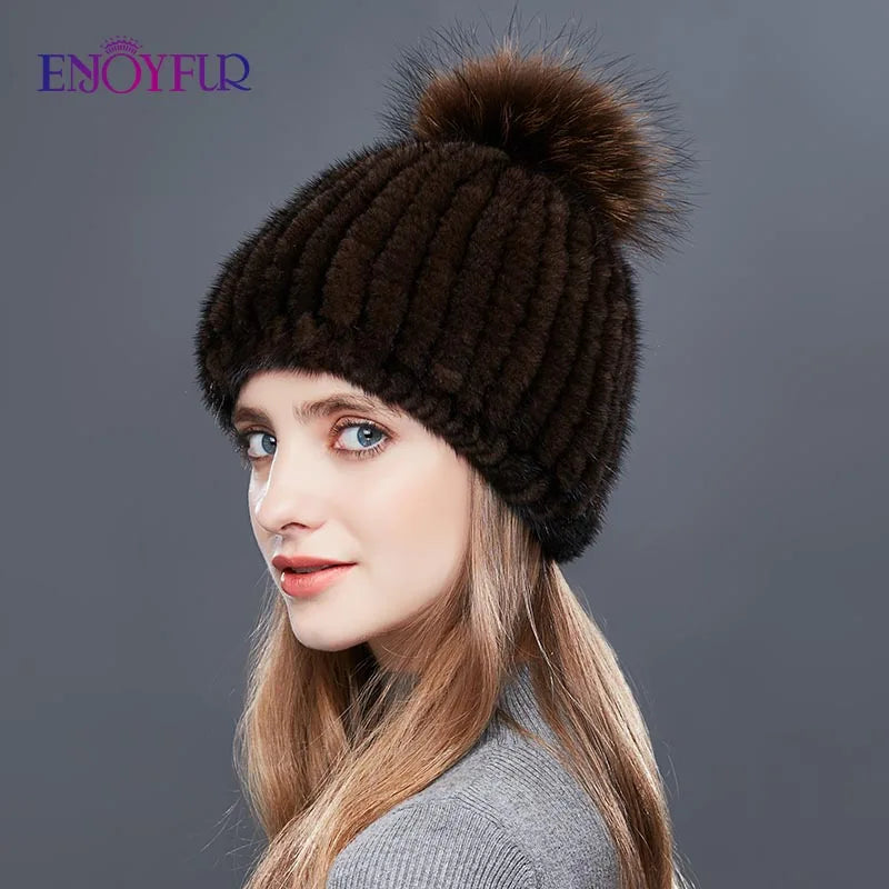 ENJOYFUR Real Mink Fur Hat Female High Quality Thick Warm Winter Hats For Women Fashion Luxury Fur Pompom Beanies