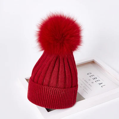 Winter women Girls real fox fur pom pom knitted beaines cap Kid baby Boy Child Rabbit fur knitting skullies hat Cashmere gorros