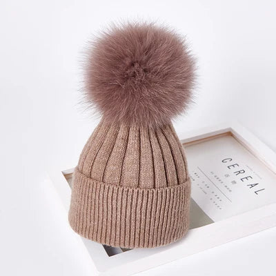Winter women Girls real fox fur pom pom knitted beaines cap Kid baby Boy Child Rabbit fur knitting skullies hat Cashmere gorros