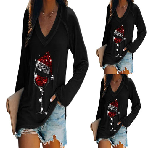 2020 Christmas Party Club T-shirt Fashion Womens Casual Loose V-Neck Red Wine Glass Print Long-Sleeve Female Pullovers Tees Tops