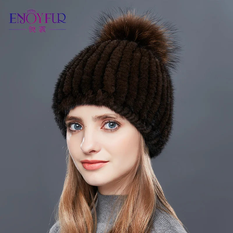 ENJOYFUR Real Mink Fur Hat Female High Quality Thick Warm Winter Hats For Women Fashion Luxury Fur Pompom Beanies