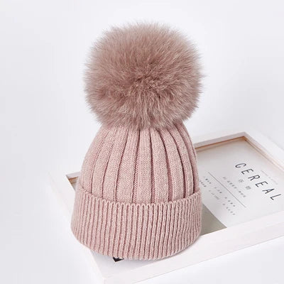Winter women Girls real fox fur pom pom knitted beaines cap Kid baby Boy Child Rabbit fur knitting skullies hat Cashmere gorros