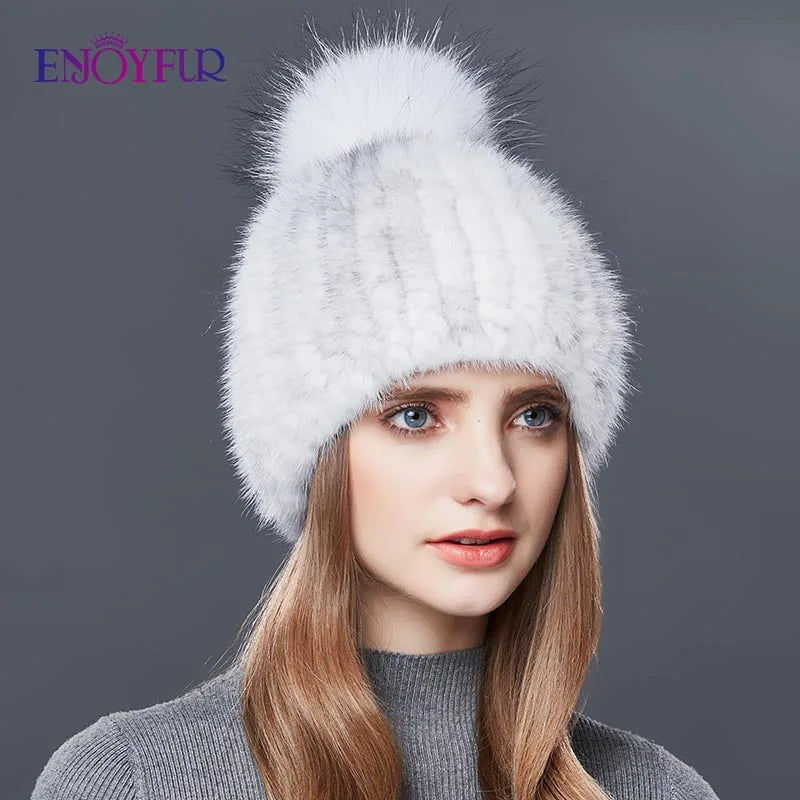 ENJOYFUR Real Mink Fur Hat Female High Quality Thick Warm Winter Hats For Women Fashion Luxury Fur Pompom Beanies