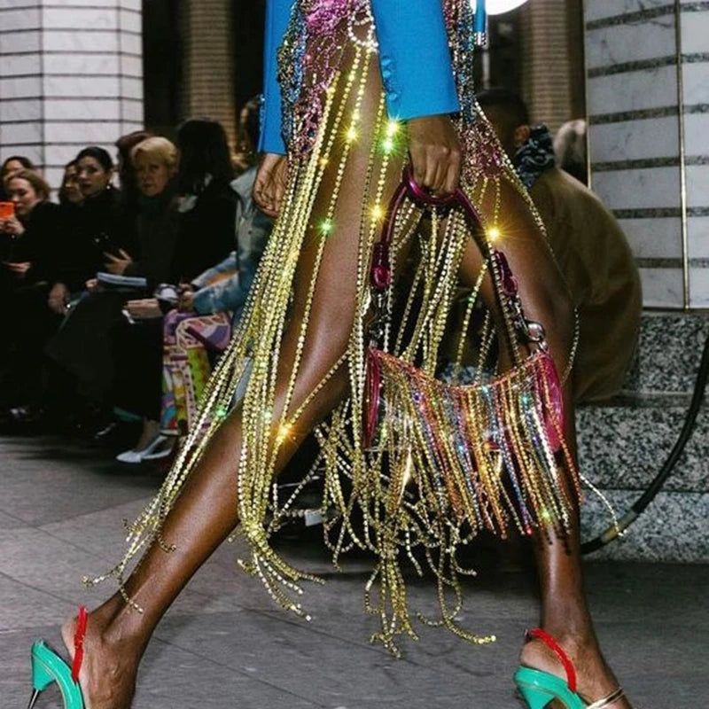 Super Luxury Colorful Hollow Crystal Body Chain Stage Costume Long Tassel Lingerie Chain Halloween Clothing Women Rave Outfits