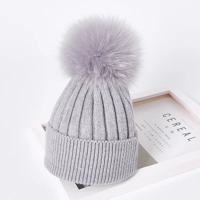Winter women Girls real fox fur pom pom knitted beaines cap Kid baby Boy Child Rabbit fur knitting skullies hat Cashmere gorros