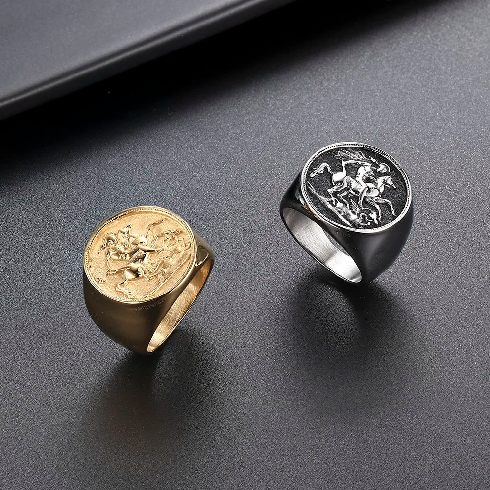 Valily Cool Men's Horse Ring Stainless Steel Ring Gold Color Rome Soldier Rings Fashion Animal Jewelry for men Bague Homme