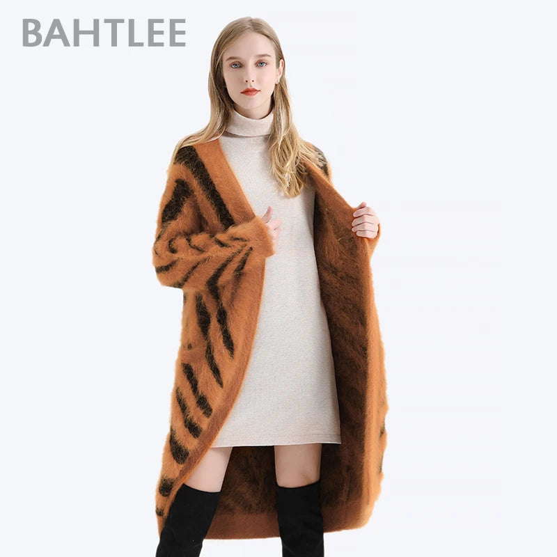 BAHTLEE-Women's Long Cardigans, Angora，Tiger Stripe, Leopard Pattern, Wool Knitted Coat, Open Stitch Jumper, Winter