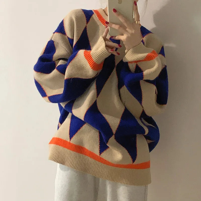 Pullovers Women Jumper Argyle Knitted Sweaters Vintage Sweaters Loose Tops College Style Streetwear Casual Winter Sueter Mujer