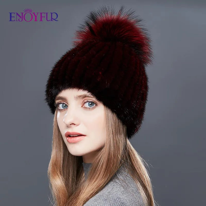 ENJOYFUR Real Mink Fur Hat Female High Quality Thick Warm Winter Hats For Women Fashion Luxury Fur Pompom Beanies