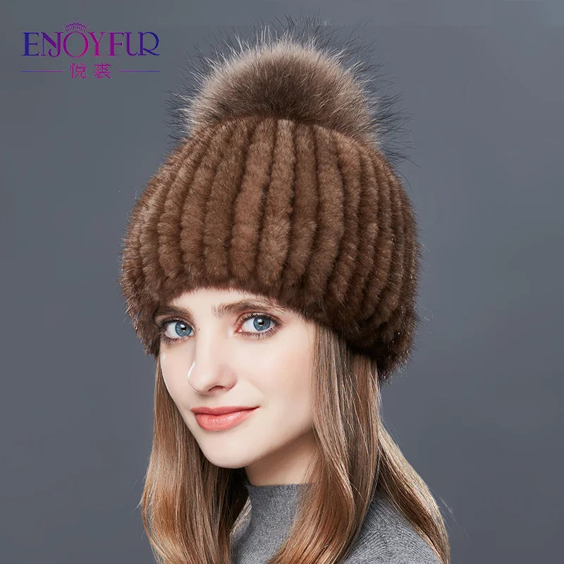 ENJOYFUR Real Mink Fur Hat Female High Quality Thick Warm Winter Hats For Women Fashion Luxury Fur Pompom Beanies