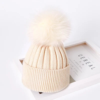 Winter women Girls real fox fur pom pom knitted beaines cap Kid baby Boy Child Rabbit fur knitting skullies hat Cashmere gorros