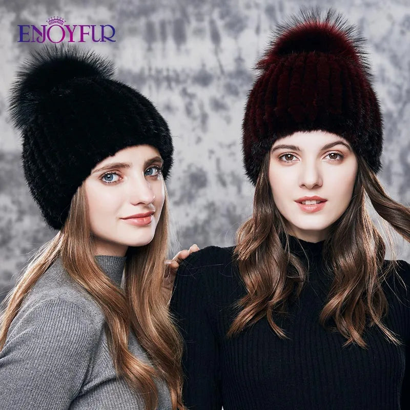 ENJOYFUR Real Mink Fur Hat Female High Quality Thick Warm Winter Hats For Women Fashion Luxury Fur Pompom Beanies
