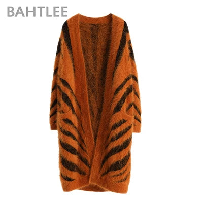 BAHTLEE-Women's Long Cardigans, Angora，Tiger Stripe, Leopard Pattern, Wool Knitted Coat, Open Stitch Jumper, Winter