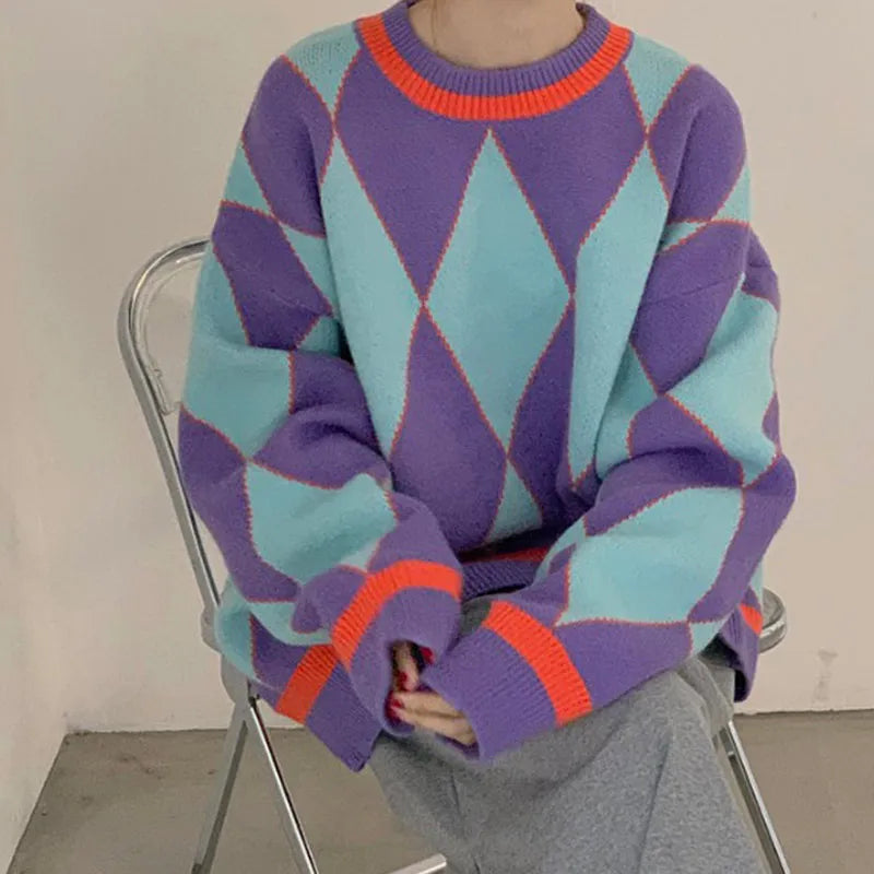 Pullovers Women Jumper Argyle Knitted Sweaters Vintage Sweaters Loose Tops College Style Streetwear Casual Winter Sueter Mujer