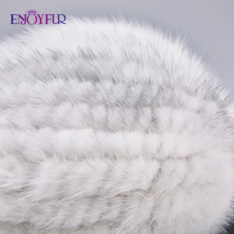 ENJOYFUR Real Mink Fur Hat Female High Quality Thick Warm Winter Hats For Women Fashion Luxury Fur Pompom Beanies