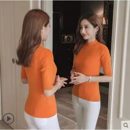 2020 Newest Women's Cashmere Turtleneck Short Sleeve Knitted Pullover Tee Base Sweater Women Jumper Sexy Turtleneck Tops