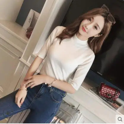 2020 Newest Women's Cashmere Turtleneck Short Sleeve Knitted Pullover Tee Base Sweater Women Jumper Sexy Turtleneck Tops