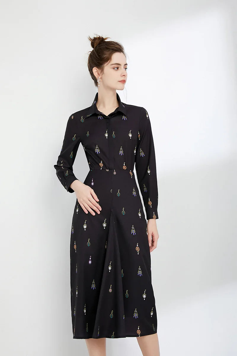 Women's Runway Designer Two Piece Dress Turn Down Collar Long Sleeves Printed Shirt with Ruched Skirt Fashion Twinset Sets