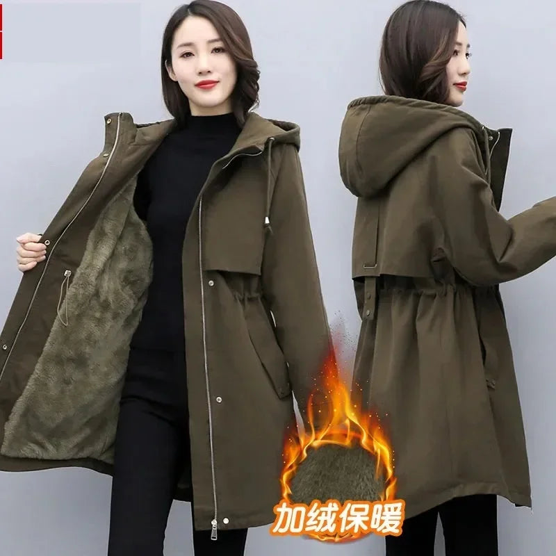 New Female Parka 2025 Winter New Korean Plush Thicken Women's Cotton Jacket Ladies Warm Hooded Coat Mid length Casual Overcoat