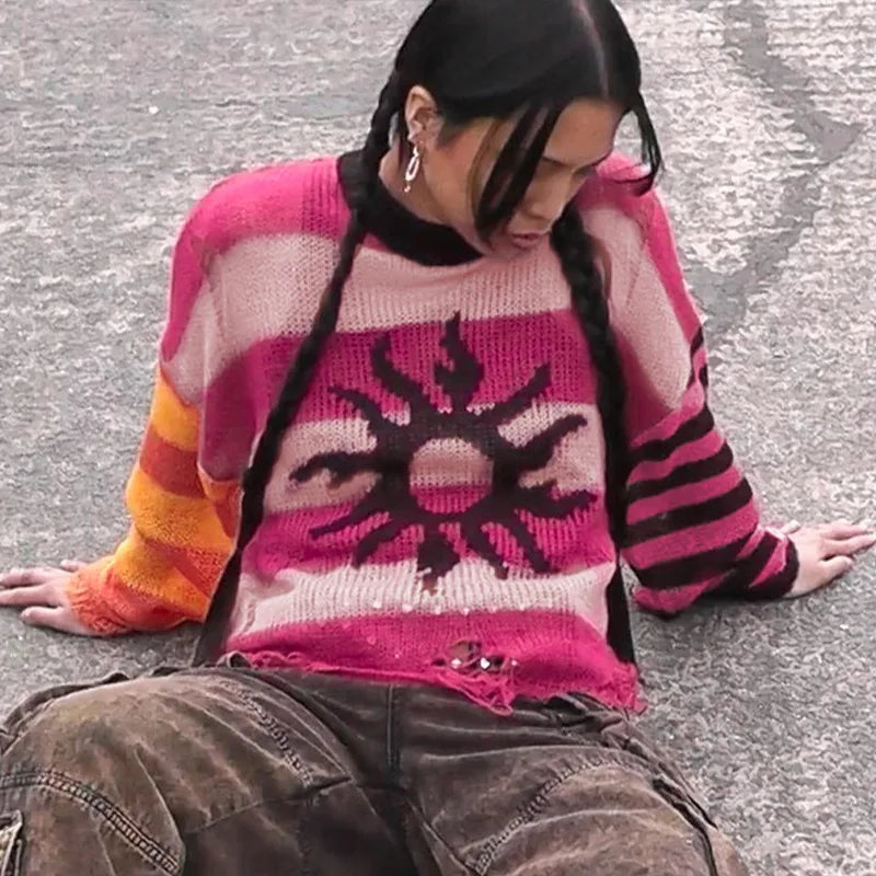 Fashion Women Striped Knitted Sweater Tops Cashmere Knit Loose Sweaters Vintage Y2K Lady Printed Ripped Hole Pullovers Harajuku