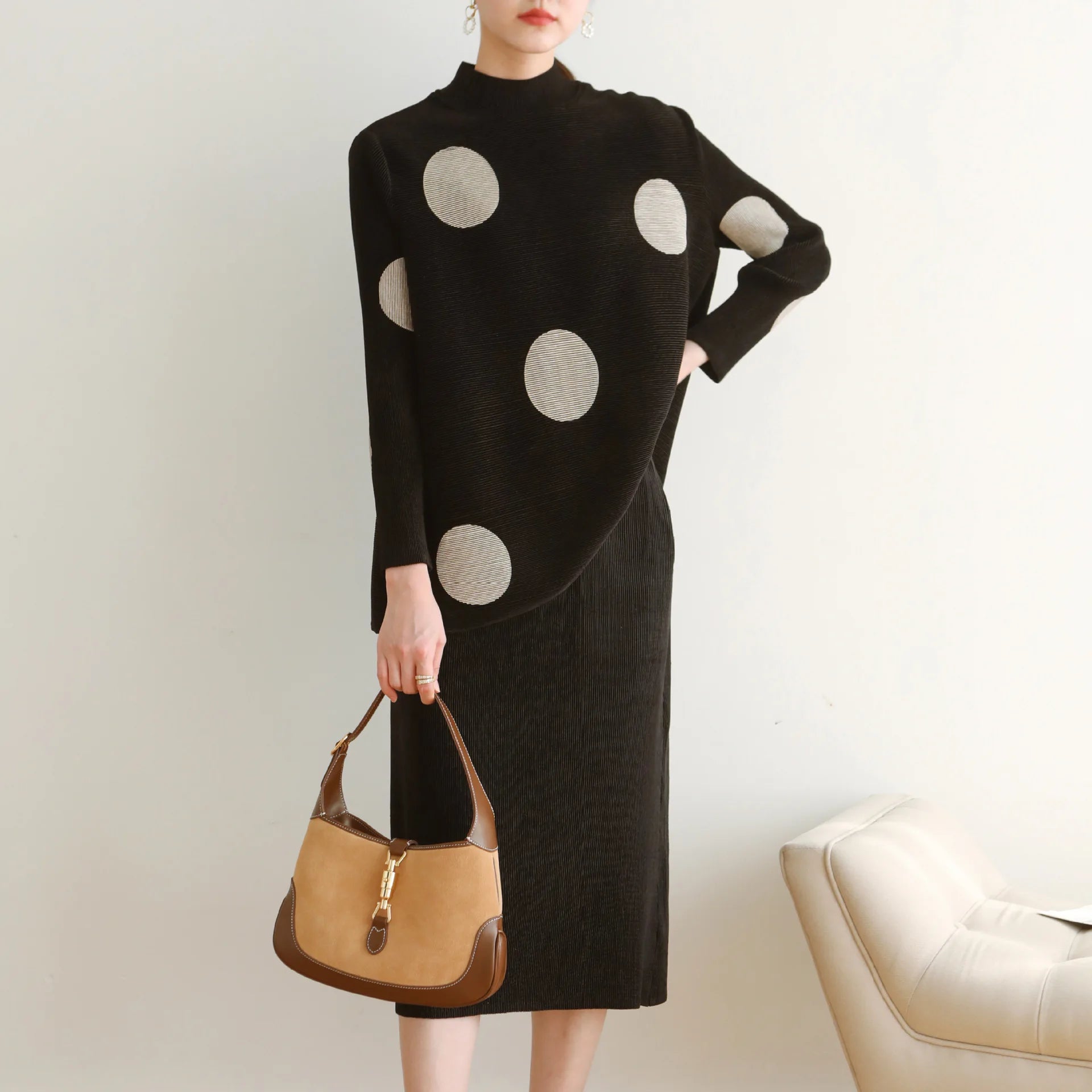 Women's high neck T-shirt + pencil skirt Miyak Pleated Fashion plus size loose polka-dot print top