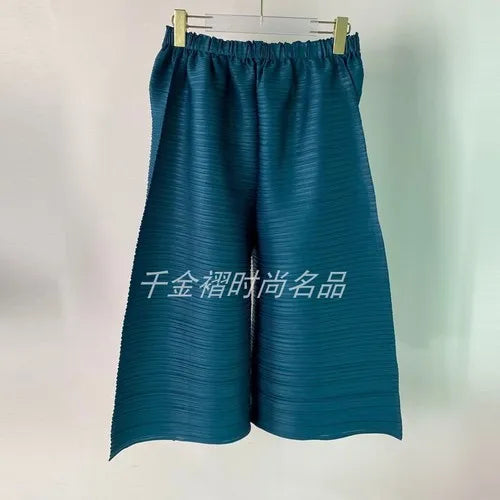 woman Wide Leg Pants Miyake Pleated Fashion High Street Solid Tight waist Summer LOOSE Large Size Female Ankle-Length Pants