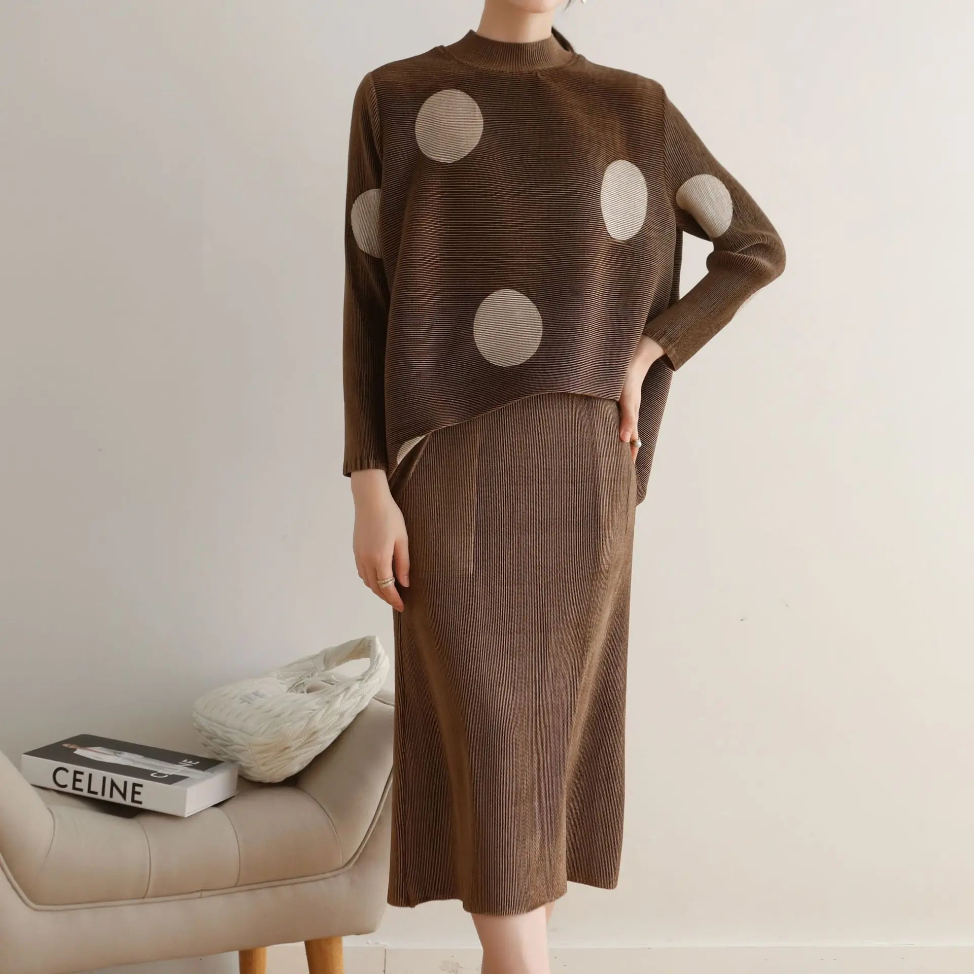 Women's high neck T-shirt + pencil skirt Miyak Pleated Fashion plus size loose polka-dot print top