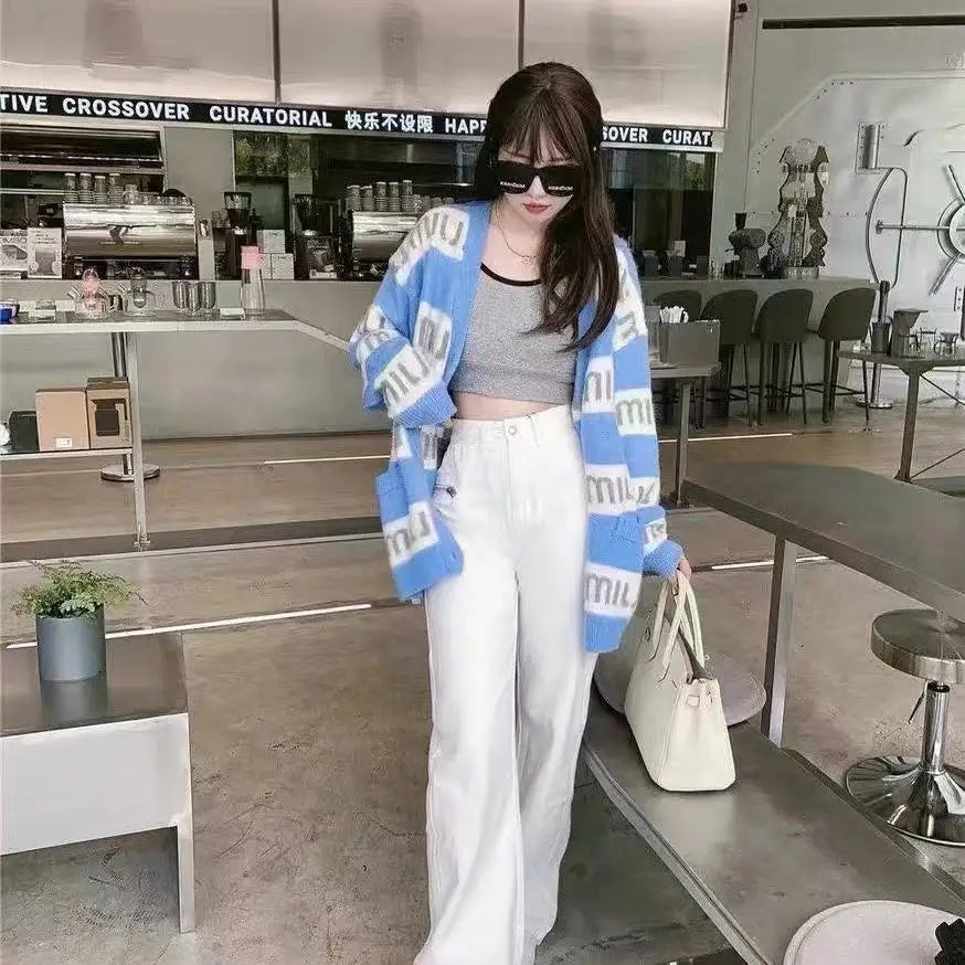 New in  New Pink Purple Short Knit Sweater Women's Autumn/winter Letter Brand Loose Long-sleeved Knitted Top Cropped Sweate