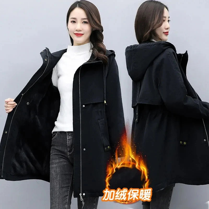 New Female Parka 2025 Winter New Korean Plush Thicken Women's Cotton Jacket Ladies Warm Hooded Coat Mid length Casual Overcoat