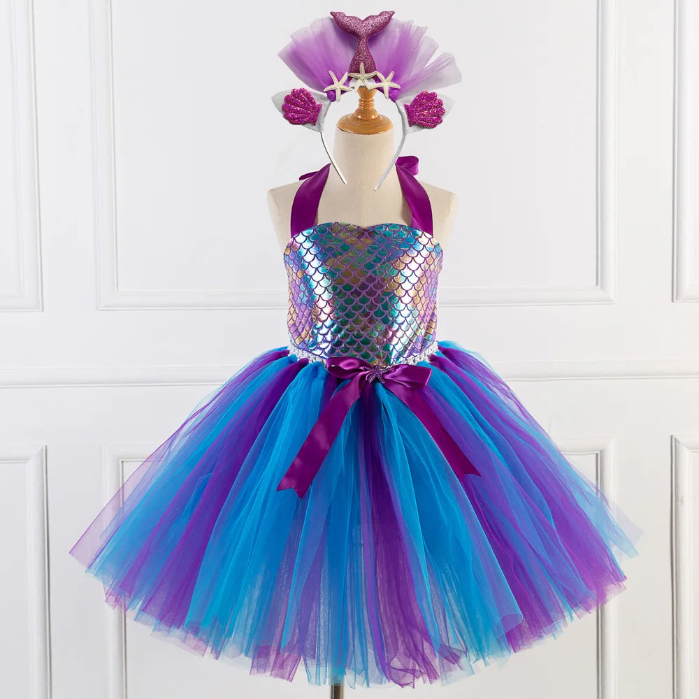 Kids Girls Cosplay Party Dress Princess Dress Up Mermaid Tulle Tutu Dresses Theme Birthday Party Costume with Flower Headband