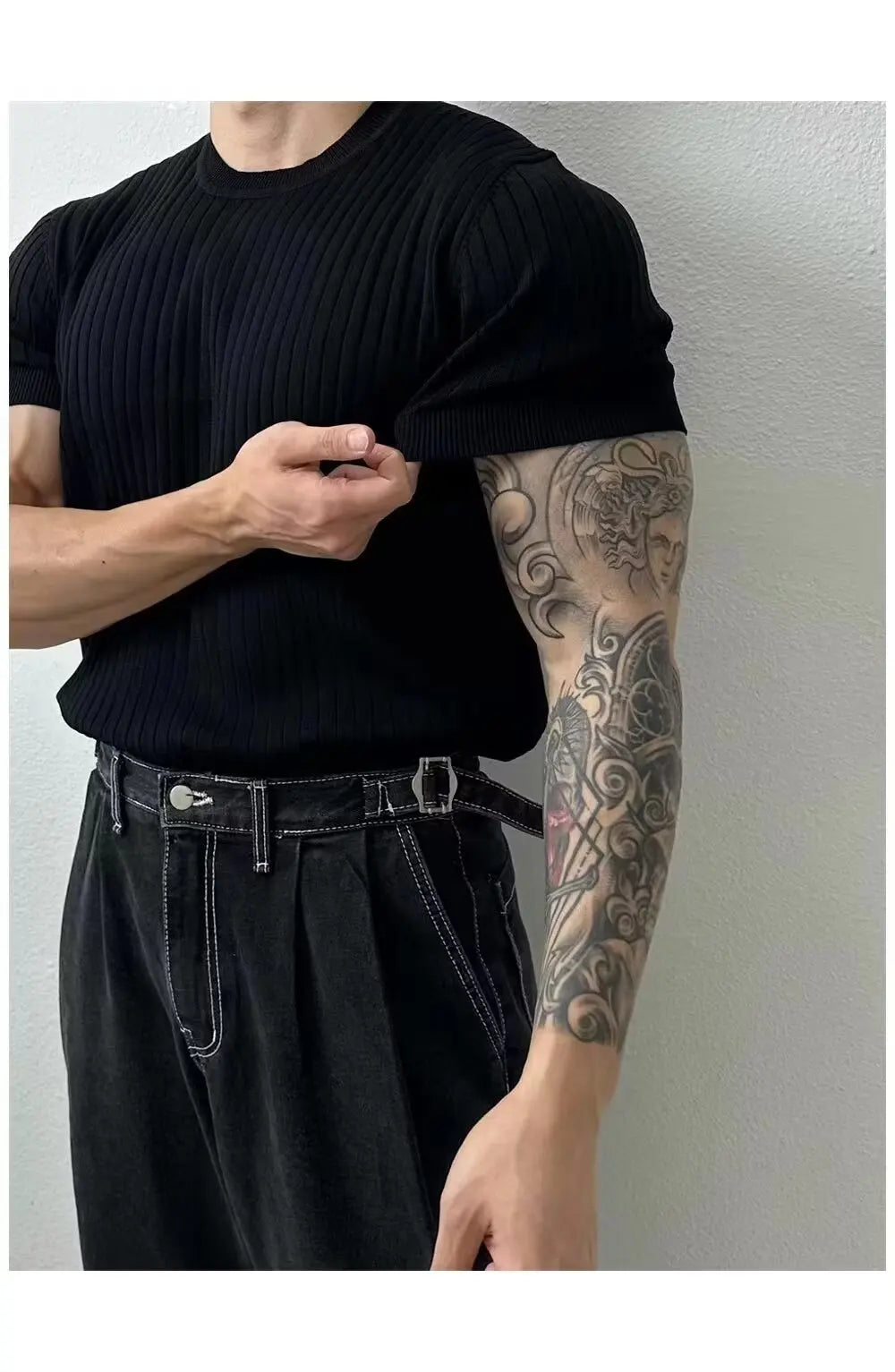 Men T-Shirts Summer Casual Fashion Quick-Drying Elastic Short Sleeve Gym Sports Fitness Bottoming Shirt Vertical Stripe T-Shirt