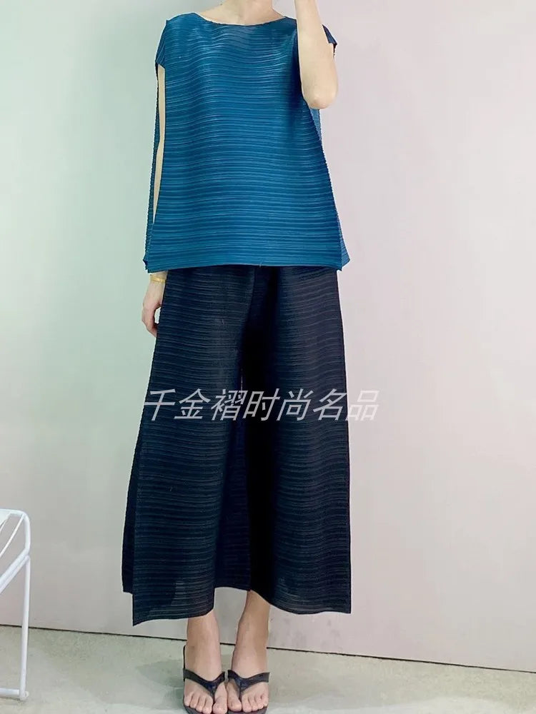 woman Wide Leg Pants Miyake Pleated Fashion High Street Solid Tight waist Summer LOOSE Large Size Female Ankle-Length Pants